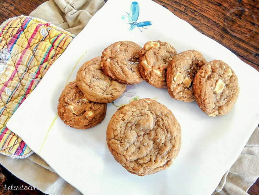 These Salted Caramel White Chocolate Cookies are a moist, chewy cookie with caramel & white chocolate chunks in the dough, all sprinkled with fleur de sel!