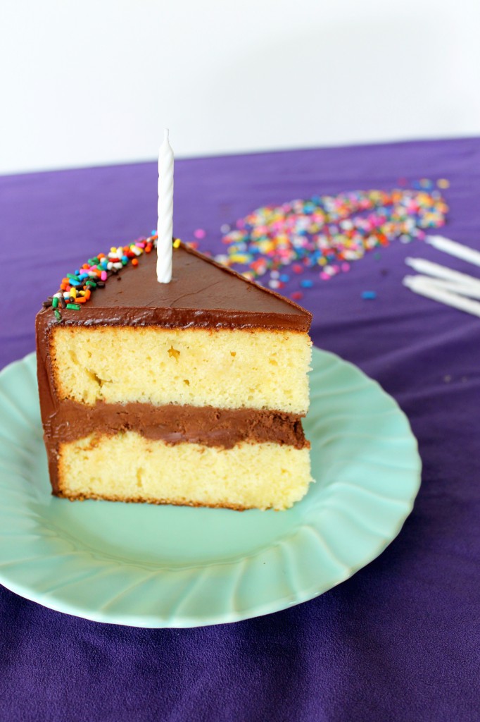 Yellow Birthday Cake with Fluffy Chocolate Ganache Frosting