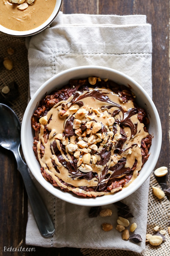 This Chocolate Peanut Butter Oatmeal tastes like a peanut butter cup, but it's sweetened with just a ripe banana! You'll love to wake up to this gluten-free, refined sugar-free + vegan breakfast.