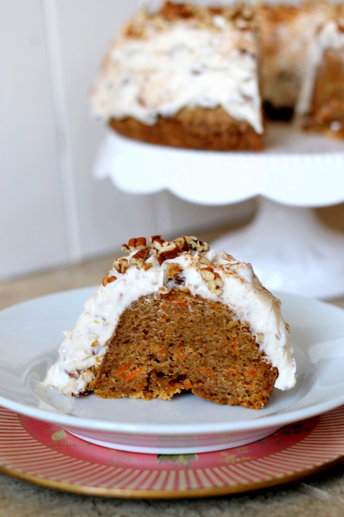 This moist, easy Carrot Cake with Pecan Cream Cheese Frosting comes together quickly and is topped with a super creamy, pecan-studded cream cheese frosting!