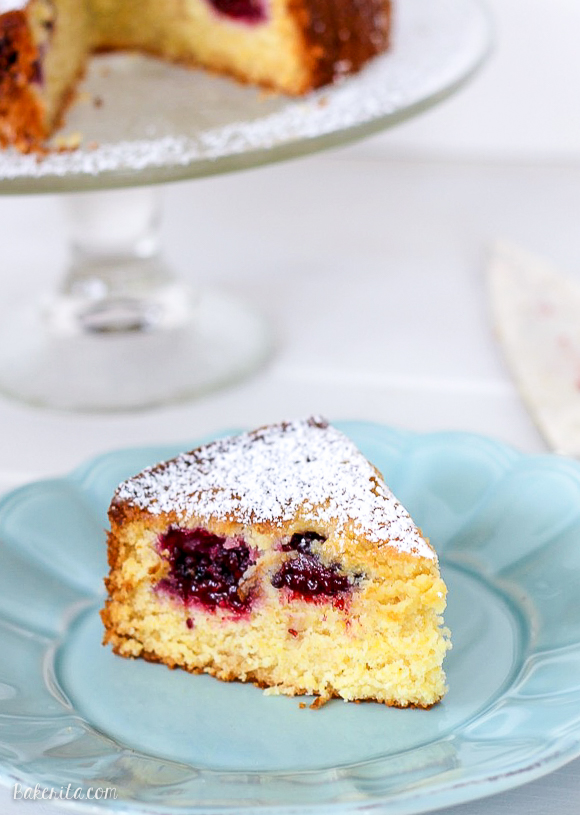 This Blackberry Cornmeal Cake subtly sweetened with honey and has an amazing soft, delicate, and moist crumb! It's perfect for breakfast or an afternoon snack.