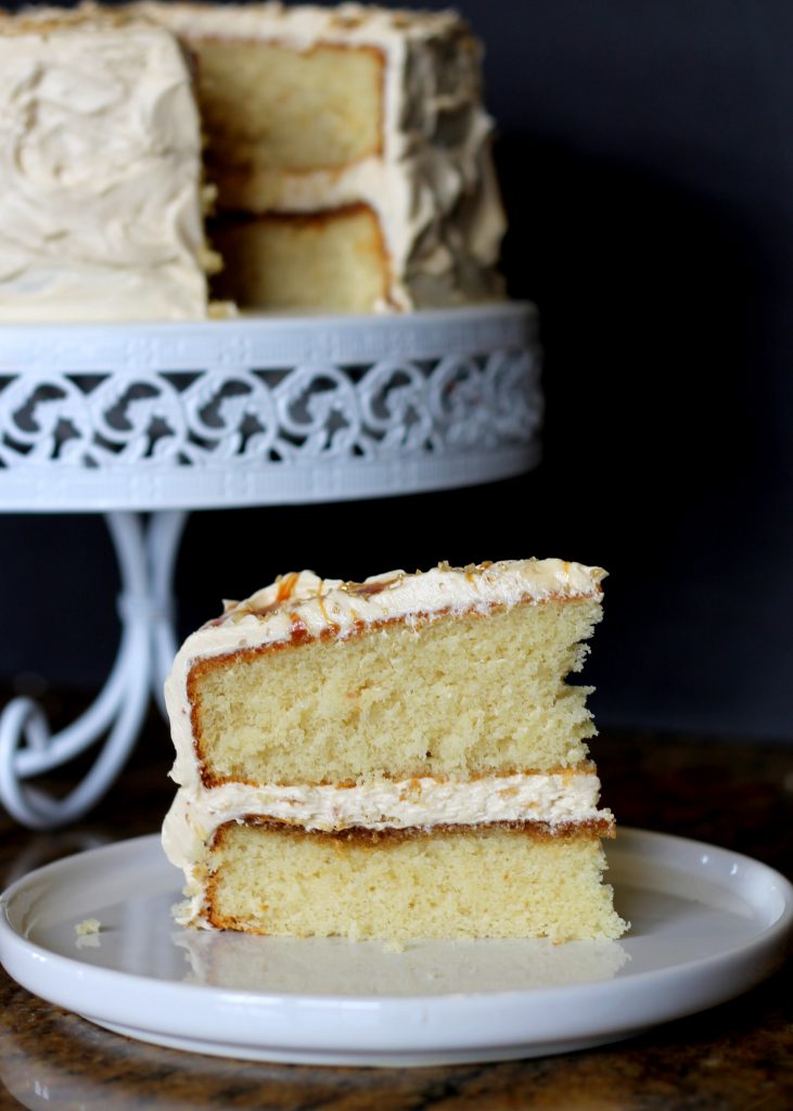 This Yellow Cake with Caramel Buttercream recipe makes a moist, tender cake that is filled and frosted with a luscious caramel buttercream!
