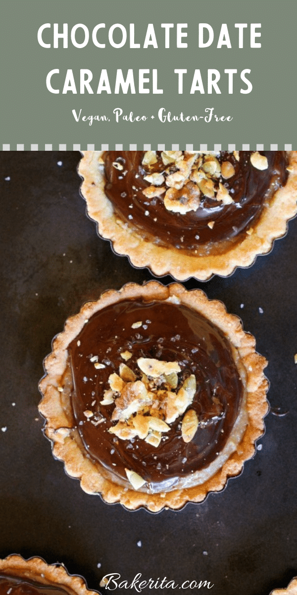 Chocolate Date Caramel Tarts have a cookie-like crust made with almond flour and coconut oil. This decadent paleo treat is free of refined sugar, gluten-free and vegan. #vegantart #glutenfree #paleodessert #tartrecipe