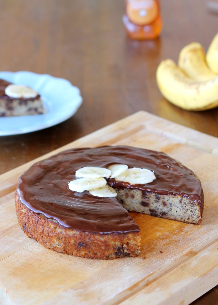 This single layer Paleo Banana Cake is topped with a silky chocolate ganache making it so simple and even more delicious! This dessert is gluten-free, refined sugar-free, and healthy enough to be breakfast! #bananacake #paleocake #paloe #glutenfree #paleodessert