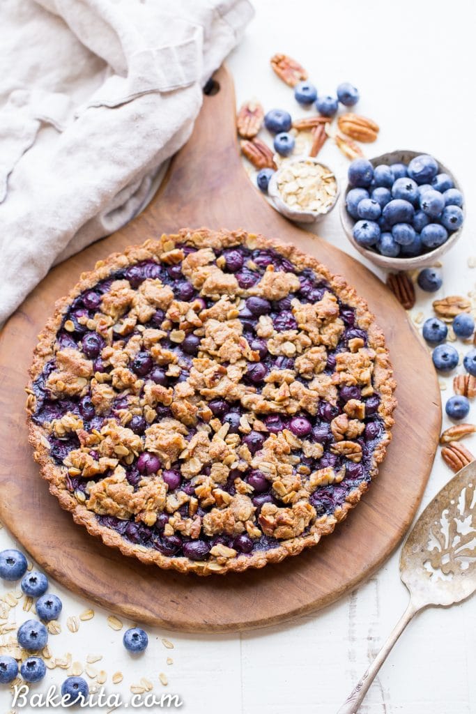 This Blueberry Crisp Tart with Oatmeal Crust comes together quickly and easily, and it’s the perfect use for your fresh blueberries! This simple recipe is gluten-free & vegan.