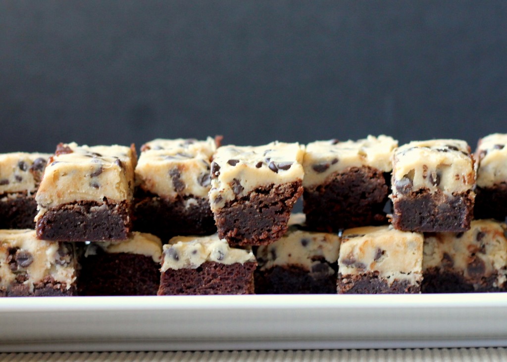 These two-layer Cookie Dough Brownies feature a rich, chewy chocolate brownie topped with eggless mini chocolate chip-filled cookie dough!