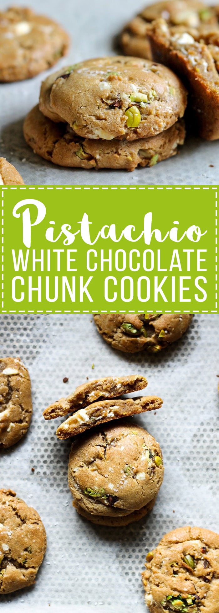 These Pistachio White Chocolate Chunk Cookies are made with a browned butter dough and filled with chopped white chocolate and pistachios. These unique cookies are incredibly delicious!