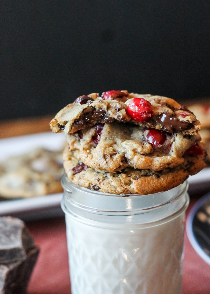 These Double Cranberry Dark Chocolate Chunk Cookies feature a browned butter and nutmeg dough studded with chocolate chunks & cranberries, both dried and fresh! They're the perfect addition to your holiday cookie platters. Recipe from Bakerita.com