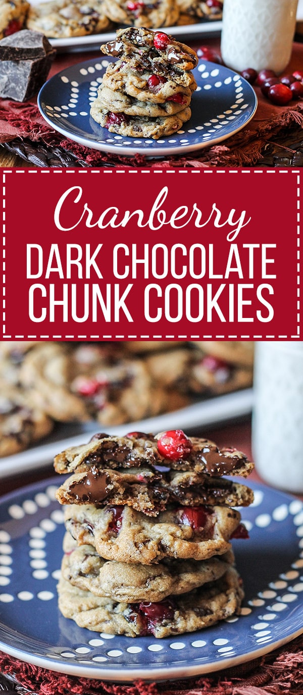 These Double Cranberry Dark Chocolate Chunk Cookies feature a browned butter and nutmeg dough loaded with chocolate chunks & cranberries, both dried and fresh! The fresh cranberries add a tart bite to a chewy, richly flavored cookie. They're the perfect addition to your holiday cookie platters!