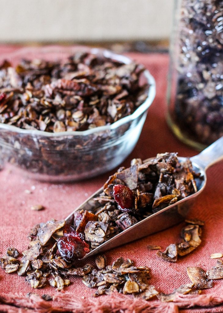 This Chunky Chocolate Cranberry Pecan Granola uses a secret ingredient to keep in chunky, and is the perfect guilt-free DIY holiday gift!