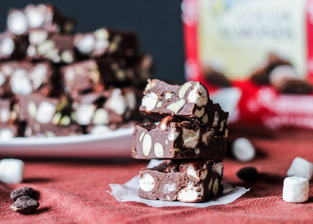This Easy Rocky Road Fudge is rich, creamy, and comes together in less than 10 minutes with just 5 ingredients!