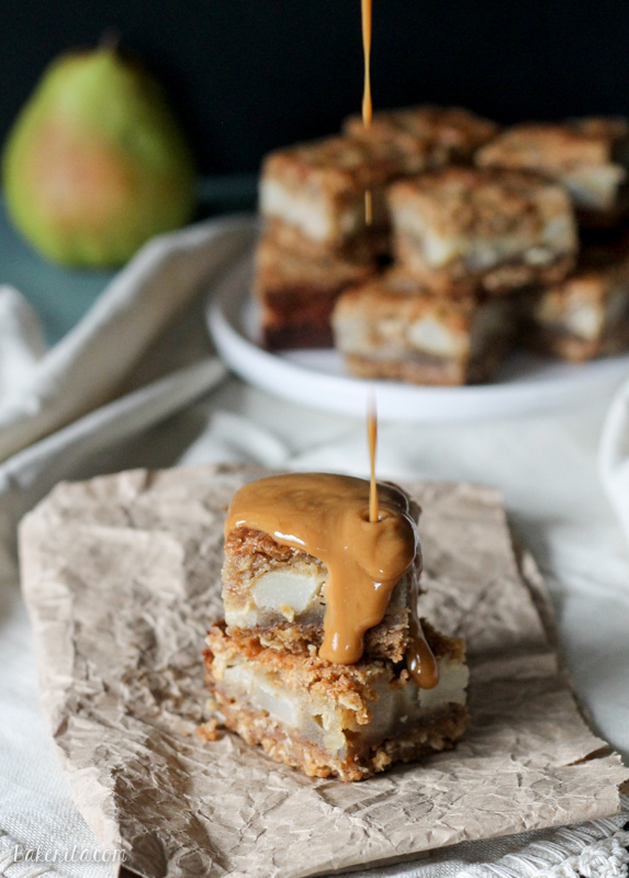 These Brown Butter Pear Bars are loaded with juicy, fresh pears in a spiced filling, all piled on a crisp brown butter shortbread crust.