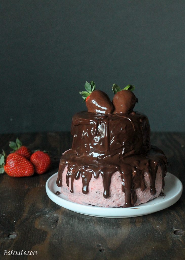 This Mini Chocolate Strawberry Layer Cake is a small tiered chocolate cake filled with fresh strawberry buttercream and topped with chocolate ganache. It's the perfect dessert for Valentine's Day, or a small celebration.
