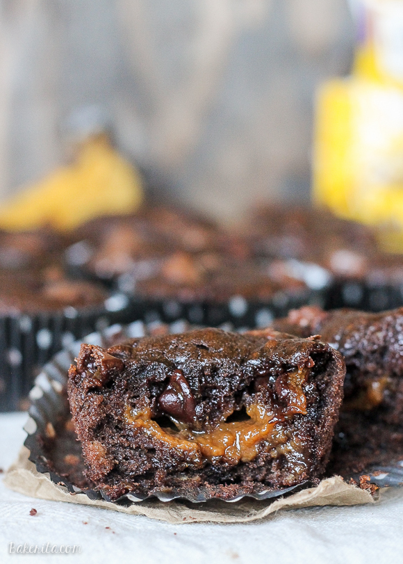 These Caramel Filled Chocolate Banana Bread Muffins are loaded with caramel filled DelightFulls in moist, chocolatey banana bread muffins! These caramel center makes this easy, one-bowl recipe even more delicious.