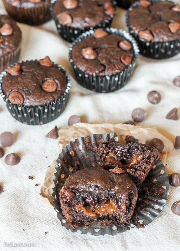 These Caramel Filled Chocolate Banana Bread Muffins are loaded with caramel filled DelightFulls in moist, chocolatey banana bread muffins! These caramel center makes this easy, one-bowl recipe even more delicious.