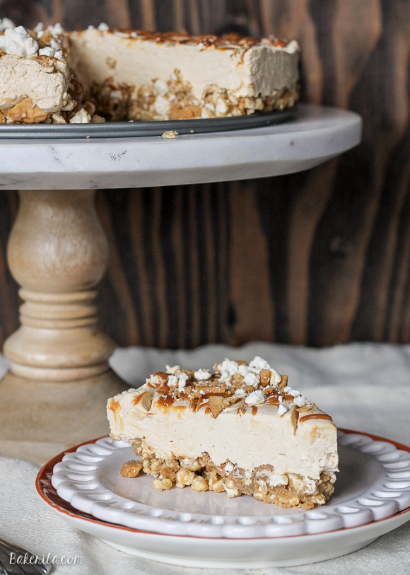  This No-Bake Peanut Butter Dulce de Leche Cheesecake with Popcorn Crust is a unique and whimsical dessert that's super easy to make and incredibly delicious! You'll love the crunchy popcorn crust with the creamy, sweet cheesecake filling. 