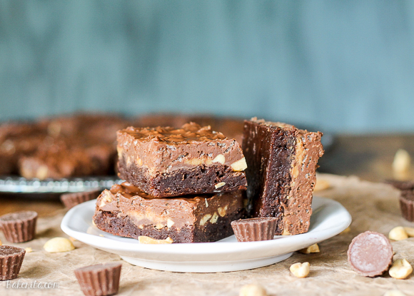 These Peanut Butter Crunch Brownies are a fudge brownie topped with peanuts, peanut butter cups, and a chocolate peanut butter Rice Krispie ganache. These are for the chocolate peanut butter lovers!