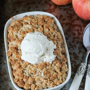 This Small Serving Apple Crisp is the perfect guiltless indulgence for when you don't need an entire pan of apple crisp in the kitchen! It's gluten free, refined sugar free, and vegan.