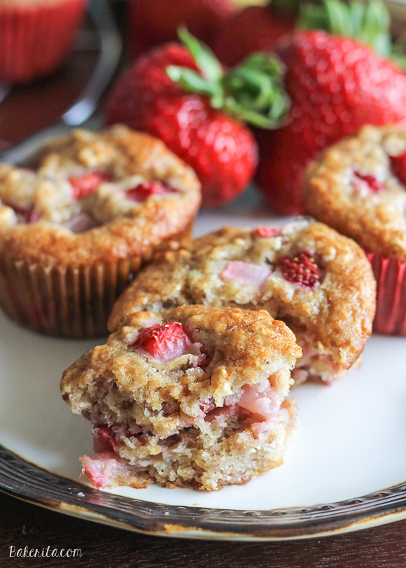 These Strawberry Banana Muffins are the perfect on-the-go snack or breakfast! Greek yogurt and bananas keep these muffins super moist, and strawberries make them fruity and super flavorful.