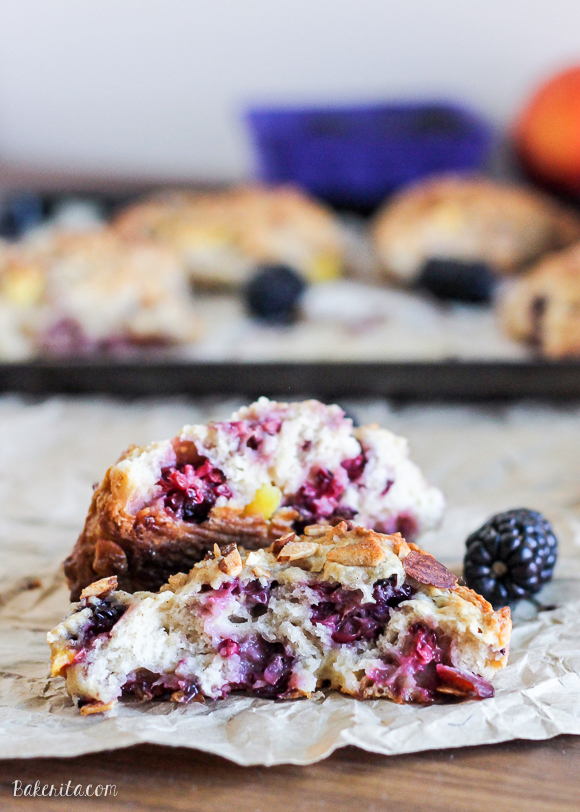 Blackberry Peach Scones combine two delicious summer fruits in a light, flaky scone that's perfect for breakfast or as a snack.