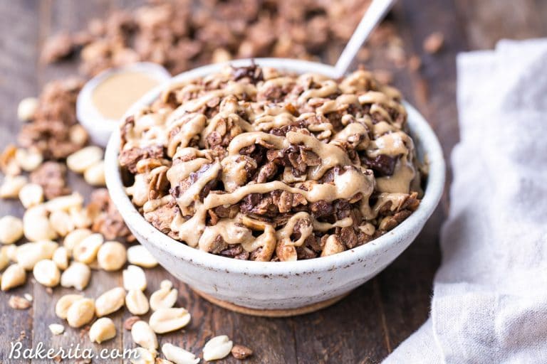 This Chocolate Peanut Butter Granola is the perfect indulgent breakfast or snack. It's gluten-free, dairy-free, vegan and refined sugar-free, and it tastes like dessert that you can have for breakfast!