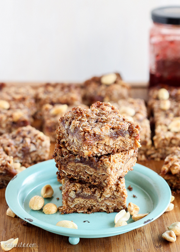 These Peanut Butter & Jelly Crumb Bars have a layer of PB&J in the middle, surrounded by a crunchy oatmeal crust. The bars are gluten-free, vegan, and refined sugar-free.