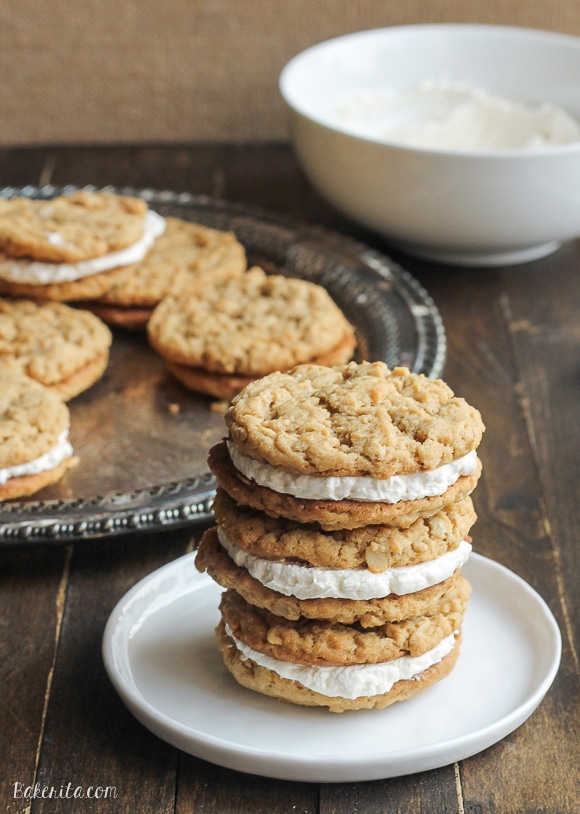 These Peanut Butter Oatmeal Sandwich Cookies with Marshmallow Creme Filling are reminiscent of Little Debbie's Oatmeal Creme Pies with their super soft texture and creme filling - but they have a peanut butter twist!
