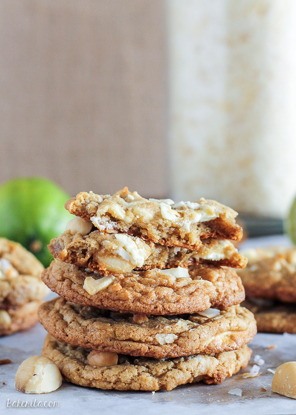 These Tropical Cookies are loaded with white chocolate, macadamia nuts, lime zest, and toasted coconut! These tropical treats will have you dreaming of a vacation.