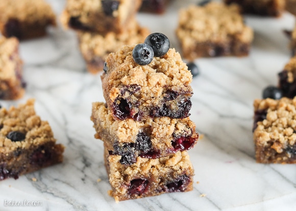 These Blueberry Crumb Blondies have browned butter, fresh blueberries, and a fudgy, chewy texture. The crumble topping makes these taste just like blueberry crumb muffins!