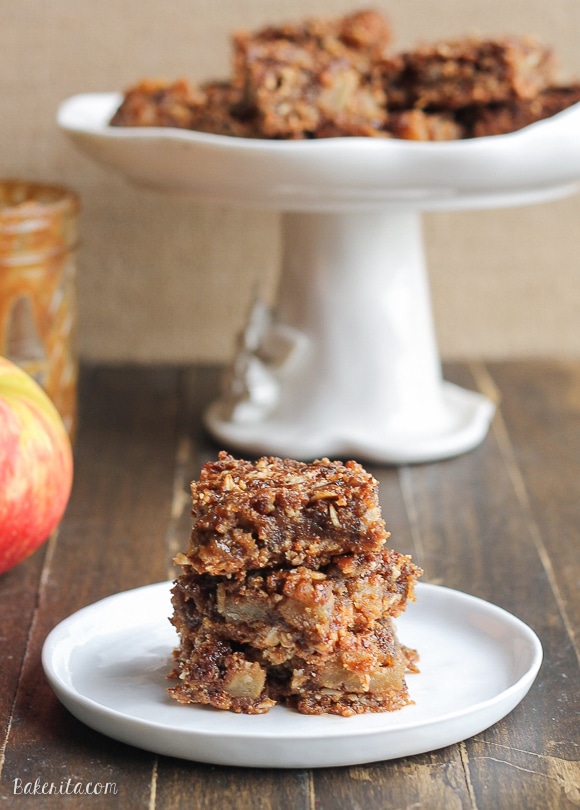 These Caramel Apple Crumb Bars are absolutely addicting, on their own or served with a little extra caramel sauce! They are gluten-free, refined sugar-free, and vegan.