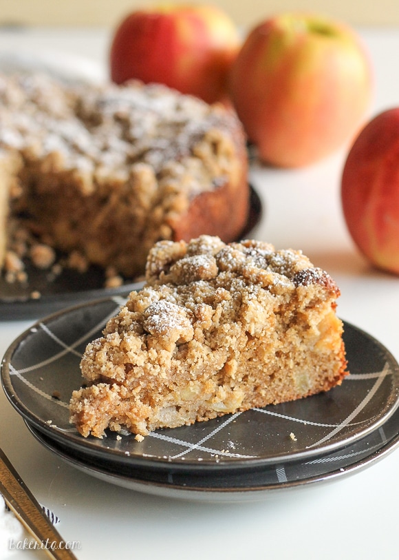This Apple Crumb Cake is full of warm spices, apple chunks, and Greek yogurt to keep it soft! This recipe has a super thick crumb layer and is a perfect fall cake.