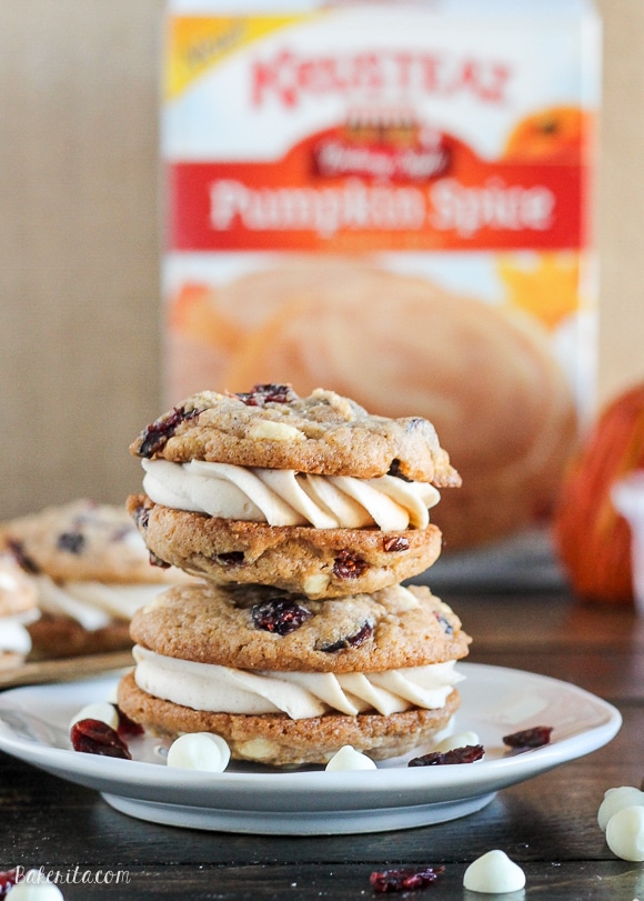 Pumpkin Spice Cookie Sandwiches with Cream Cheese Filling are easy and delicious! Added white chocolate and dried cranberries make these pumpkin spice cookies outstanding.