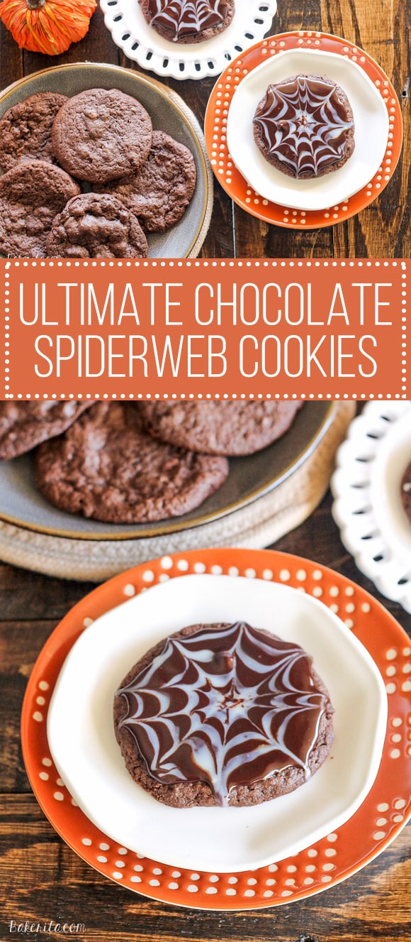 These Ultimate Chocolate Spiderweb Cookies are perfect for Halloween! They're double chocolate cookies, full of chocolate chunks, and topped with white and dark chocolate ganache.