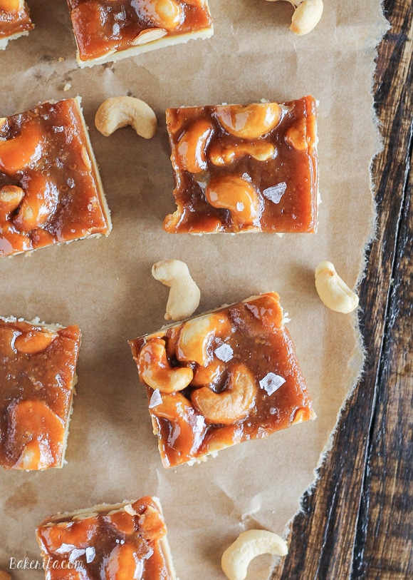 Cashew Caramel Shortbread Bars have a buttery shortbread layer topped with homemade caramel, crunchy cashews, and a sprinkle of flaky sea salt.