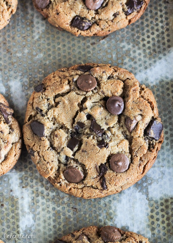 These Giant Peanut Butter Cup Chocolate Chunk Cookies are big, chewy, and full of peanut butter, peanut butter cups, and rich melted chocolate! If you love chocolate and peanut butter, these cookies will become a quick favorite.