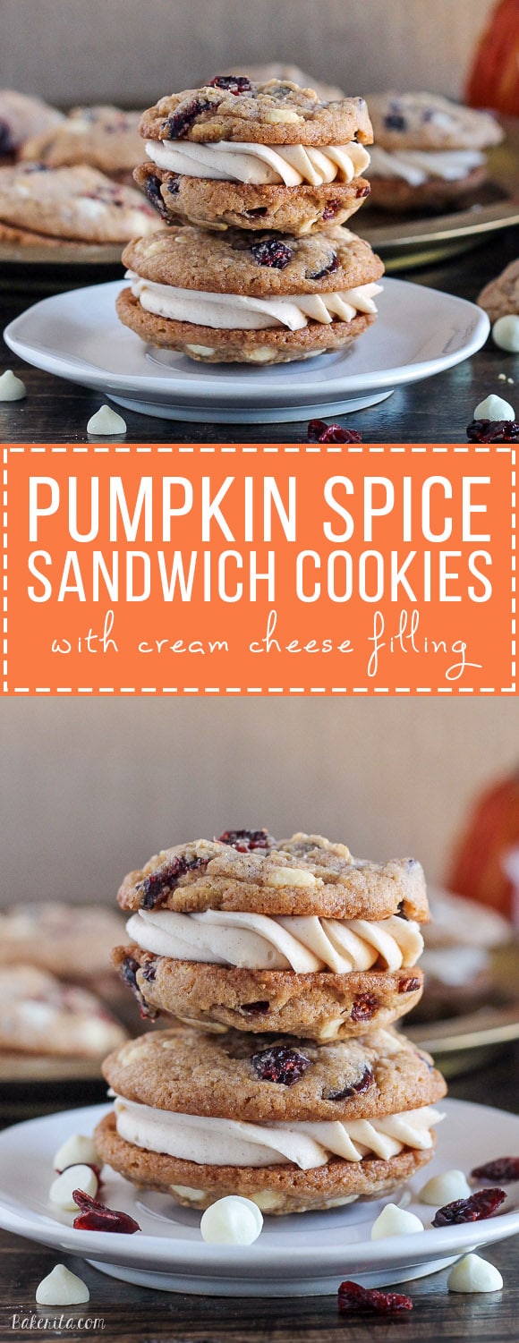 Pumpkin Spice Cookie Sandwiches with Cream Cheese Filling are easy and delicious! Added white chocolate and dried cranberries make these pumpkin spice cookies outstanding.