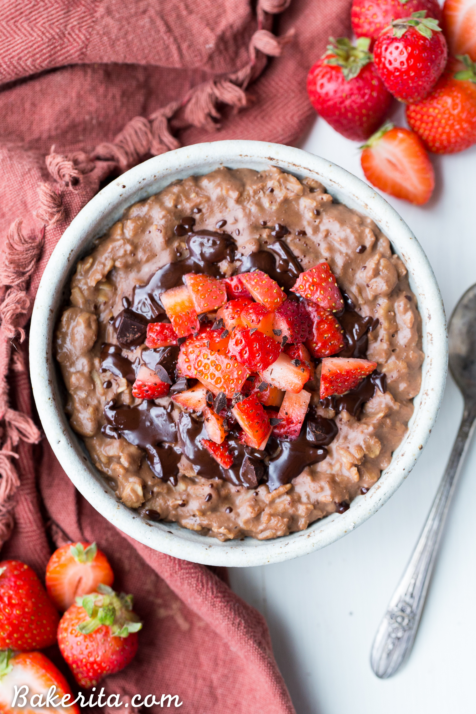 This Chocolate Strawberry Oatmeal tastes like dessert for breakfast, but you can enjoy it guilt-free! This oatmeal is sweetened with just a ripe banana, no added sugar needed. It's gluten-free, refined sugar free, and vegan.