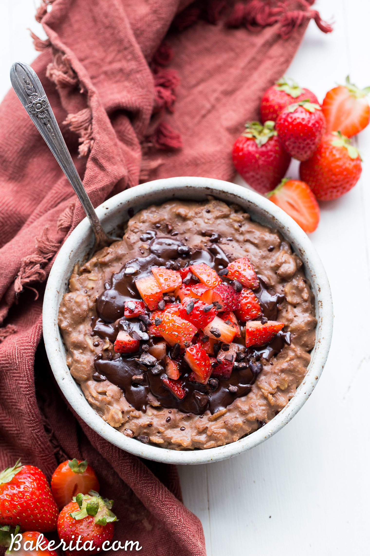 This Chocolate Strawberry Oatmeal tastes like dessert for breakfast, but you can enjoy it guilt-free! This oatmeal is sweetened with just a ripe banana, no added sugar needed. It's gluten-free, refined sugar free, and vegan.
