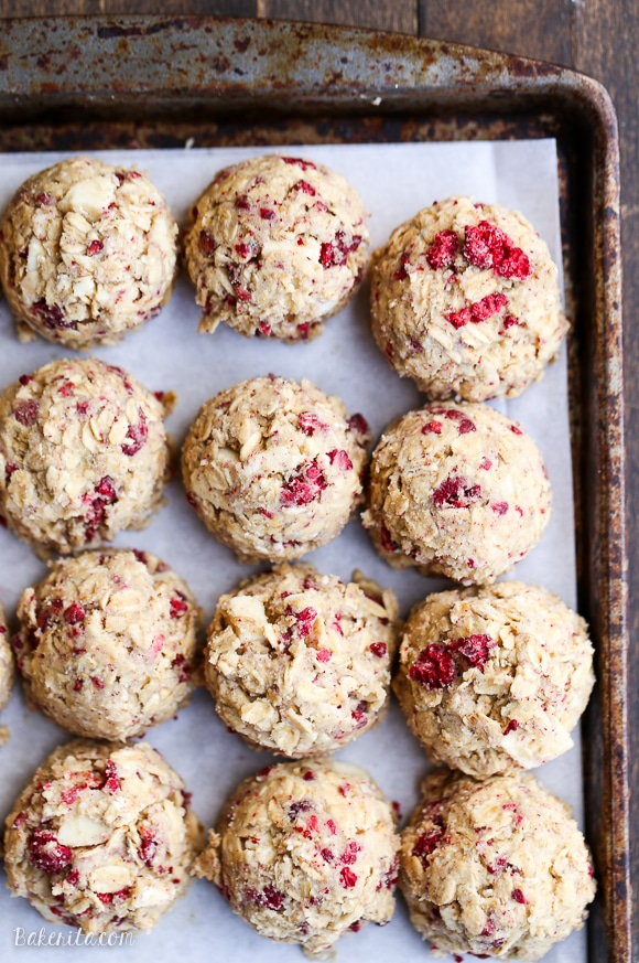 These Raspberry White Chocolate Oatmeal Cookies are super thick with crisp edges, big chunks of white chocolate and freeze dried raspberries.