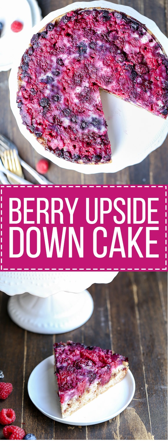 This Berry Upside Down Cake highlights the bright flavor of fresh berries and has a layer of cinnamon crumb swirl in the center!