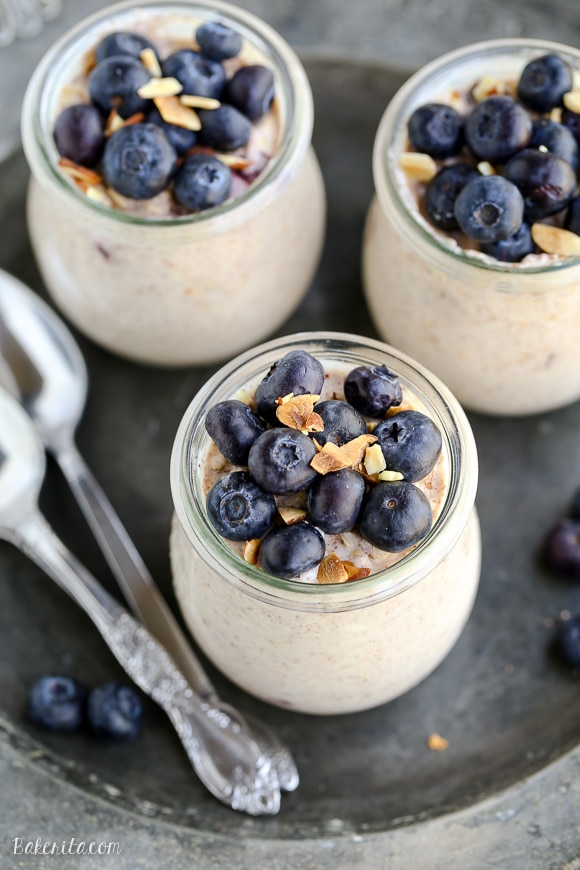 These Blueberry Muffin Overnight Oats come together in five minutes so breakfast will be ready right when you wake up! This easy overnight oat recipe tastes like blueberry muffins and can be served cool or warm.
