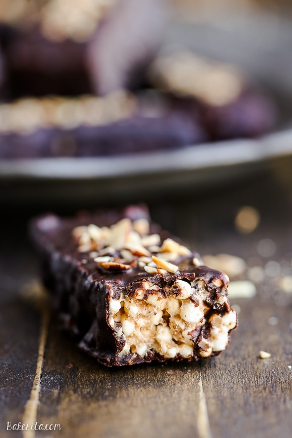 These easy no-bake Chocolate Covered Almond Butter Puffed Millet Bars are the perfect breakfast treat or snack! This gluten free, refined sugar free, and vegan recipe has only seven ingredients.