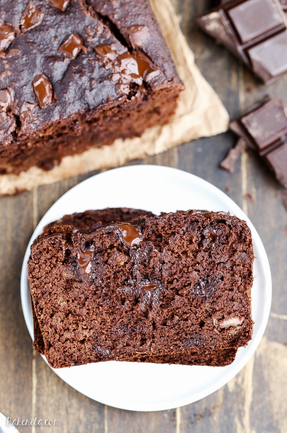 This Paleo Double Chocolate Banana Bread is perfectly moist and gooey with an incredibly deep chocolate flavor, and you'd never guess it's sweetened entirely by ripe bananas.