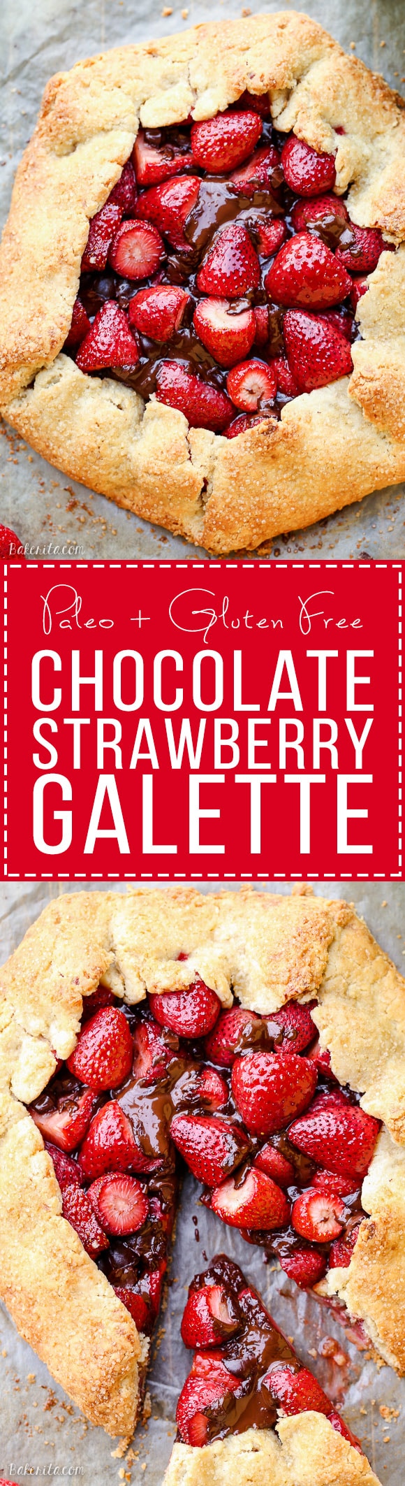 This rustic Chocolate Strawberry Galette will satisfy your sweet tooth guiltlessly! This simple Paleo dessert features fresh strawberries and dark chocolate chunks, folded into a flaky gluten-free crust.