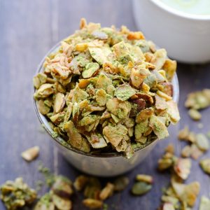 This Matcha Granola has clusters of oats, coconut flakes, almonds, and pepitas tossed with earthy matcha powder. Whether you enjoy it over yogurt or by the handful, this gluten free and vegan granola probably won't last long.
