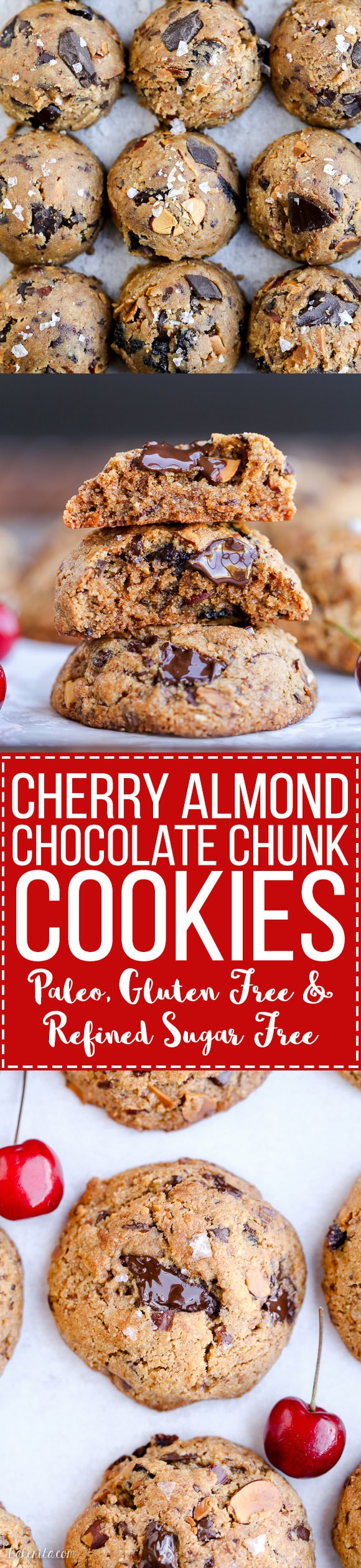 These Paleo Cherry Almond Chocolate Chunk Cookies are chewy, gooey, and absolutely delicious! These gluten-free and refined sugar-free cookies are loaded with toasted almonds, dried Bing cherries and dark chocolate chunks, sprinkled with flaky sea salt.