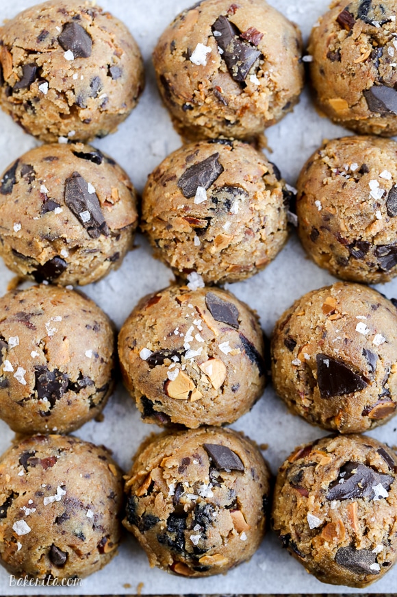 These Paleo Cherry Almond Chocolate Chunk Cookies are chewy, gooey, and absolutely delicious! These gluten-free and refined sugar-free cookies are loaded with toasted almonds, dried Bing cherries and dark chocolate chunks, sprinkled with flaky sea salt.
