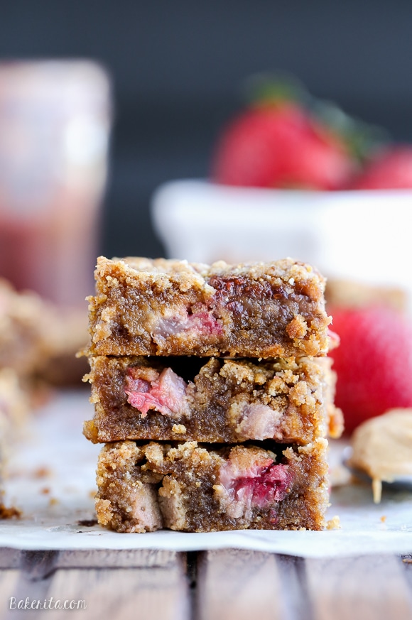 These Peanut Butter & Jelly Blondies are a super gooey and delicious way to enjoy this classic sandwich combo! These dessert bars are gluten-free, grain-free and refined sugar-free.