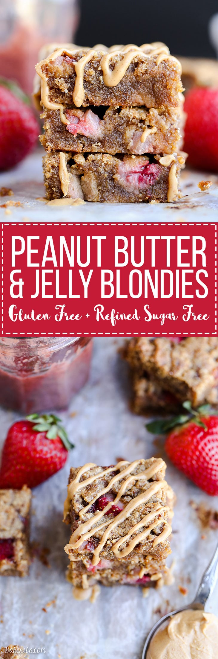 These Peanut Butter & Jelly Blondies are a super gooey and delicious way to enjoy this classic sandwich combo! These dessert bars are gluten-free, grain-free and refined sugar-free.