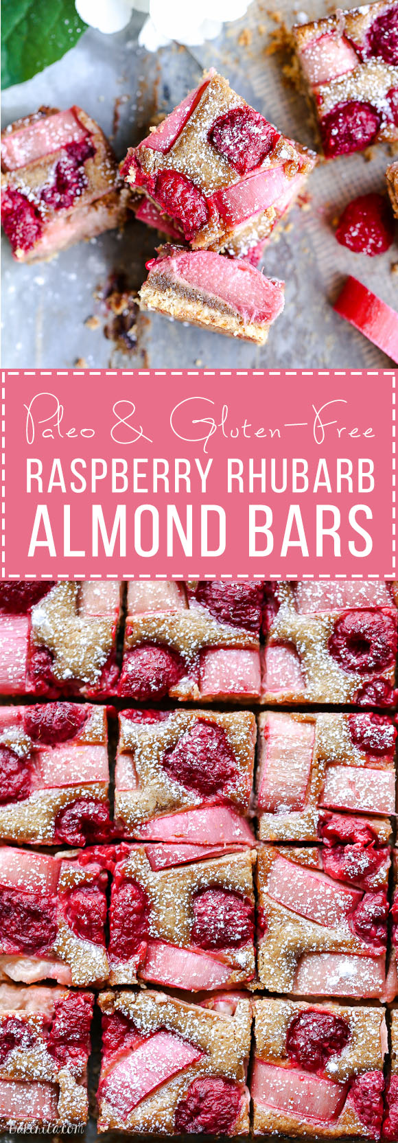 These Raspberry Rhubarb Almond Bars have an crisp almond-flour crust topped with soft almond frangipane, fresh raspberries, and tart rhubarb. This recipe is Paleo, gluten free + refined sugar free.